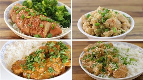 A collage of four different dishes in bowls placed on a wooden table. Each bowl contains white rice and a distinct topping, including teriyaki chicken with broccoli, crispy chicken with green onions, curry chicken with cilantro, and sesame chicken with cilantro.