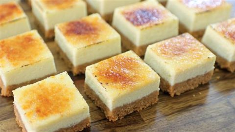 Close-up image of several square-shaped cheesecake bites with a caramelized top layer. Each piece features a thick, creamy layer of cheesecake on top of a dense, crumbly graham cracker crust. The squares are arranged neatly on a wooden surface.