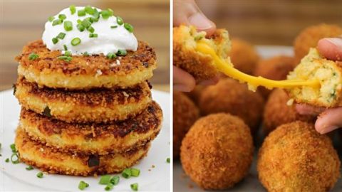 Left: A stack of golden-brown potato pancakes topped with sour cream and chopped chives on a white plate. Right: A person pulls apart a crispy fried cheese-filled ball, showing the gooey melted cheese inside, with a plate of more cheese balls in the background.