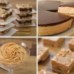 A four-part image features various peanut butter and chocolate desserts. Clockwise from the top left: layered bars with a crumbly base, a large cheesecake with a slice being lifted, square fudge pieces with peanuts, and a swirl-topped creamy dessert in a glass.