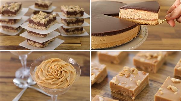 A four-part image features various peanut butter and chocolate desserts. Clockwise from the top left: layered bars with a crumbly base, a large cheesecake with a slice being lifted, square fudge pieces with peanuts, and a swirl-topped creamy dessert in a glass.