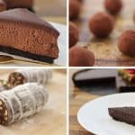 A collage of chocolate desserts: a slice of chocolate cheesecake on a plate with a fork, cocoa-dusted chocolate truffles, slices of a chocolate log with nuts, and a slice of chocolate tart garnished with strawberries.