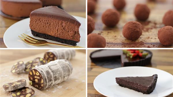 A collage of chocolate desserts: a slice of chocolate cheesecake on a plate with a fork, cocoa-dusted chocolate truffles, slices of a chocolate log with nuts, and a slice of chocolate tart garnished with strawberries.