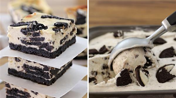 The image shows two desserts. On the left, there are Oreo cheesecake bars stacked with parchment paper between layers. On the right, a close-up of a pan of cookies and cream ice cream being scooped with a metal ice cream scoop.