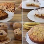 A collage of four banana-based desserts: a slice being taken from a banana oatmeal cake, a plate with two slices of banana cream pie topped with whipped cream and chocolate shavings, banana chocolate chip muffins, and a banana upside-down cake.