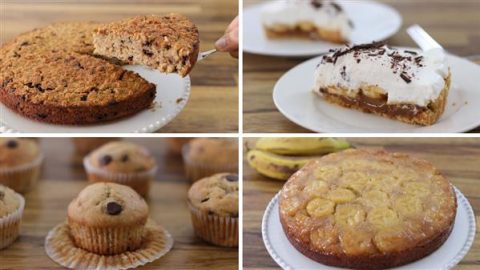 A collage of four banana-based desserts: a slice being taken from a banana oatmeal cake, a plate with two slices of banana cream pie topped with whipped cream and chocolate shavings, banana chocolate chip muffins, and a banana upside-down cake.