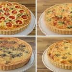 A collage of four different quiches on white plates. Top left quiche is topped with cherry tomatoes, top right quiche has broccoli pieces, bottom left quiche features mushrooms, and bottom right quiche appears to have a golden-brown crust with visible vegetables.