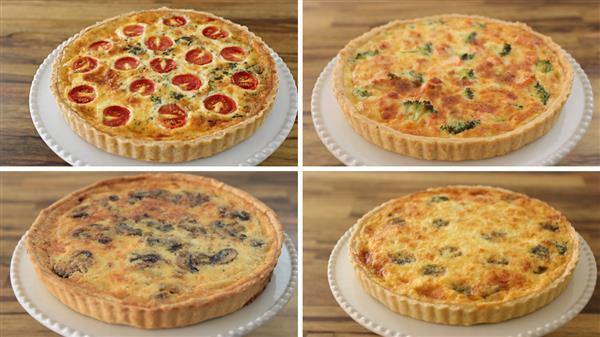 A collage of four different quiches on white plates. Top left quiche is topped with cherry tomatoes, top right quiche has broccoli pieces, bottom left quiche features mushrooms, and bottom right quiche appears to have a golden-brown crust with visible vegetables.