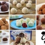 A grid of nine different truffle varieties displayed on plates, including round chocolate-coated, white chocolate, cocoa-dusted, and pistachio-coated truffles. A "The Cooking Foodie" logo is located in the bottom right corner.