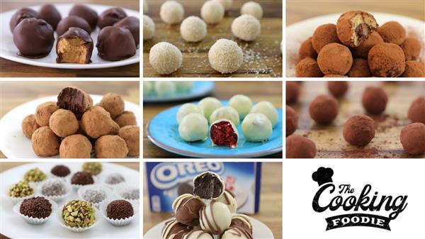 A grid of nine different truffle varieties displayed on plates, including round chocolate-coated, white chocolate, cocoa-dusted, and pistachio-coated truffles. A "The Cooking Foodie" logo is located in the bottom right corner.