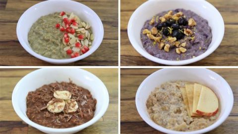 A collage of four bowls of oatmeal on a wooden surface. The bowls contain different toppings: the top left bowl has pomegranate seeds and almonds, the top right has nuts and blueberries, the bottom left has banana slices and chocolate shavings, and the bottom right has apple slices.