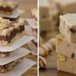 On the left, there are three oat and chocolate bars, stacked with parchment paper between each. On the right, there are small cubes of nougat, some containing visible nuts like pistachios, arranged in stacks. The treats are displayed on a wooden surface.