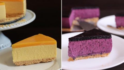 A split image shows two slices of cheesecake. The left side features a slice of creamy yellow mango cheesecake on a white plate stand. The right side displays a slice of vibrant purple ube cheesecake on a white plate with more slices in the background.