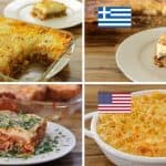 A collage of four dishes: Shepherd's pie with a UK flag, moussaka with a Greek flag, lasagna with an Italian flag, and macaroni and cheese with a US flag. Each dish is shown cooked and served on plates or in baking dishes.