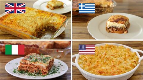 A collage of four dishes: Shepherd's pie with a UK flag, moussaka with a Greek flag, lasagna with an Italian flag, and macaroni and cheese with a US flag. Each dish is shown cooked and served on plates or in baking dishes.