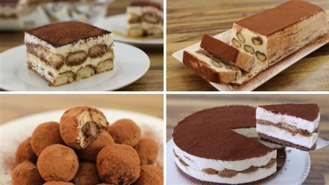 A collage of four tiramisu variants on plates. Top left: traditional tiramisu slice. Top right: a rectangular, layered tiramisu loaf. Bottom left: tiramisu truffles dusted with cocoa powder. Bottom right: a round tiramisu cake with one slice cut.