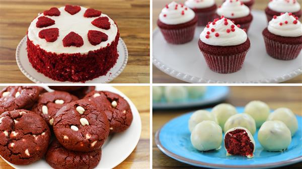 A collage of four red velvet desserts: a round red velvet cake topped with white icing and heart-shaped decorations, red velvet cupcakes with white frosting and red sprinkles, red velvet cookies with white chocolate chips, and red velvet truffles coated in white chocolate.