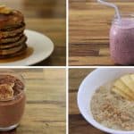 A collage of four breakfast items: a plate of pancakes topped with sliced bananas and syrup in the top left, a mason jar of pink smoothie with a straw in the top right, a glass of chocolate chia pudding with bananas and cocoa in the bottom left, and a bowl of oatmeal with apple slices and brown sugar in the bottom right.