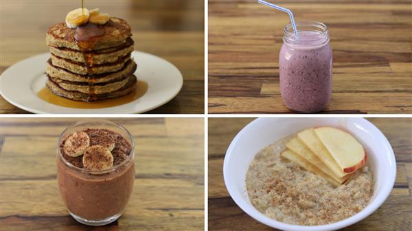 A collage of four breakfast items: a plate of pancakes topped with sliced bananas and syrup in the top left, a mason jar of pink smoothie with a straw in the top right, a glass of chocolate chia pudding with bananas and cocoa in the bottom left, and a bowl of oatmeal with apple slices and brown sugar in the bottom right.