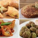 A four-section image displays various dishes. Top left: triangular puff pastries filled with vegetables. Top right: a slice of herb bread being served. Bottom left: stuffed pasta shells in tomato sauce. Bottom right: green falafel with dipping sauce in a bowl.