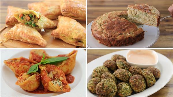 A four-section image displays various dishes. Top left: triangular puff pastries filled with vegetables. Top right: a slice of herb bread being served. Bottom left: stuffed pasta shells in tomato sauce. Bottom right: green falafel with dipping sauce in a bowl.