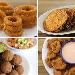 A collage of four plates of fried foods. Top left: crispy onion rings with a ketchup dip. Top right: deep-fried sesame seed-coated discs. Bottom left: golden-brown falafel balls with chopped vegetables. Bottom right: breaded shrimp with a bowl of pink dipping sauce.