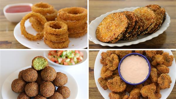 A collage of four plates of fried foods. Top left: crispy onion rings with a ketchup dip. Top right: deep-fried sesame seed-coated discs. Bottom left: golden-brown falafel balls with chopped vegetables. Bottom right: breaded shrimp with a bowl of pink dipping sauce.