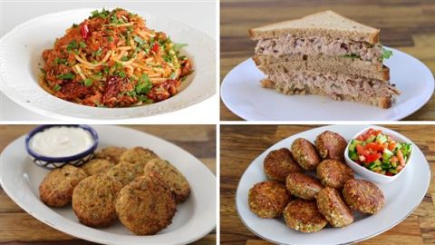 A collage of four food items: a plate of spaghetti with tomatoes and herbs; a tuna salad sandwich cut into halves on a white plate; a plate of falafels with a small bowl of dipping sauce; and another plate of falafels with a bowl of diced vegetables.