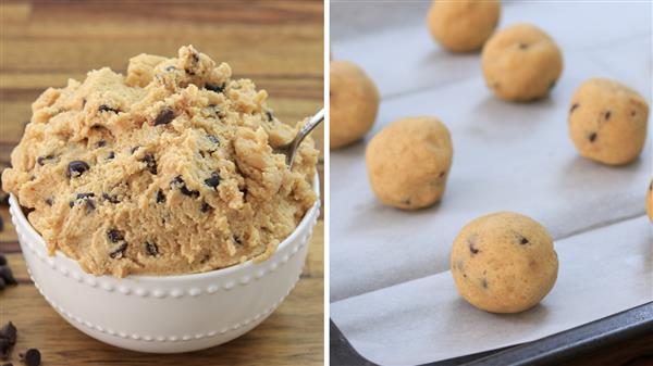 A white bowl filled with cookie dough with chocolate chips is on the left, and on the right, balls of cookie dough with chocolate chips are placed on a parchment-lined baking sheet.