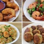 This image shows a collage of four different shrimp dishes. Top left: fried shrimp with dipping sauce. Top right: shrimp stir-fry with vegetables. Bottom left: shrimp fried rice. Bottom right: shrimp cakes with dipping sauce. Each dish is served in a white bowl.