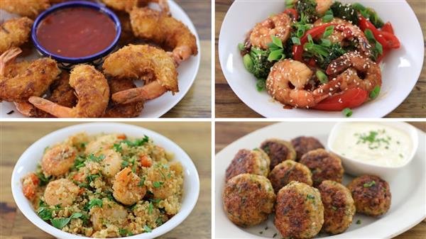 This image shows a collage of four different shrimp dishes. Top left: fried shrimp with dipping sauce. Top right: shrimp stir-fry with vegetables. Bottom left: shrimp fried rice. Bottom right: shrimp cakes with dipping sauce. Each dish is served in a white bowl.