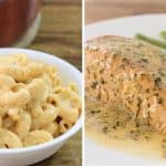 A split image showing two dishes: on the left, a white bowl filled with creamy macaroni and cheese; on the right, a piece of salmon covered in a herb sauce, served with green beans on a white plate.