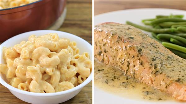 A split image showing two dishes: on the left, a white bowl filled with creamy macaroni and cheese; on the right, a piece of salmon covered in a herb sauce, served with green beans on a white plate.