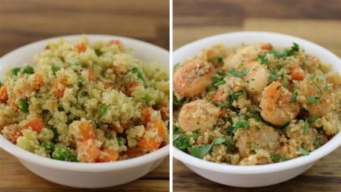 The image shows two bowls of food. The bowl on the left contains a vegetable dish with quinoa, carrots, peas, and possibly some parsley. The bowl on the right features a quinoa dish with cooked shrimp, seasoned with herbs and chopped parsley.