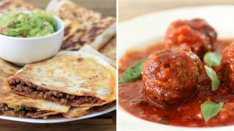 A split image with a plate of quesadillas served with a bowl of guacamole on the left, and a plate of meatballs in tomato sauce garnished with fresh basil leaves on the right.