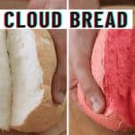 Two hands are shown tearing apart two pieces of cloud bread. The left piece is white and fluffy, while the right piece is pink and equally fluffy. The text "CLOUD BREAD" is prominently displayed at the top with a TikTok logo on the left.