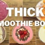 Five colorful smoothie bowls with various fruit and seed toppings are arranged in a grid. The center of the image features large, bold text that reads "THICK SMOOTHIE BOWL." The wooden background contrasts with the vibrant bowls.