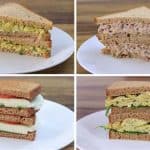 A collage of four different sandwiches on white plates. Top left: Egg and avocado sandwich. Top right: Tuna salad sandwich with lettuce. Bottom left: Tomato and mozzarella sandwich. Bottom right: Scrambled egg and lettuce sandwich.