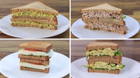 A collage of four different sandwiches on white plates. Top left: Egg and avocado sandwich. Top right: Tuna salad sandwich with lettuce. Bottom left: Tomato and mozzarella sandwich. Bottom right: Scrambled egg and lettuce sandwich.