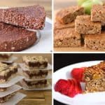 A collage of four images showcasing baked desserts. Top left: A large round chocolate oat cake with a slice being served. Top right: A stack of oatmeal bars. Bottom left: Layers of oatmeal bars with chocolate topping. Bottom right: A slice of fruit-studded oat cake with sliced strawberries.