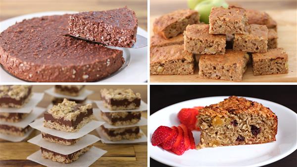 A collage of four images showcasing baked desserts. Top left: A large round chocolate oat cake with a slice being served. Top right: A stack of oatmeal bars. Bottom left: Layers of oatmeal bars with chocolate topping. Bottom right: A slice of fruit-studded oat cake with sliced strawberries.