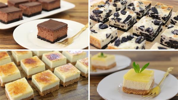 A collage of four dessert images. Top left: chocolate cheesecake squares. Top right: cookies and cream cheesecake bars. Bottom left: classic cheesecake squares with a caramelized sugar topping. Bottom right: lemon cheesecake squares garnished with a mint leaf.