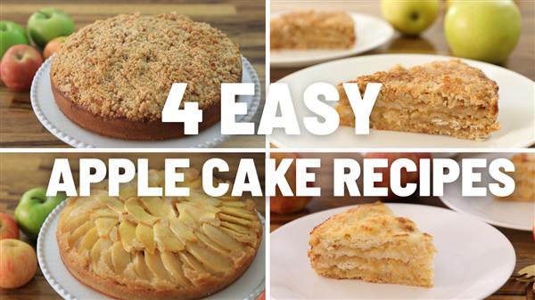 Four apple cakes are displayed in a grid with "4 EASY APPLE CAKE RECIPES" text overlay. The top left cake has a crumb topping, the top right cake is layered and moist, the bottom left has apple slices on top, and the bottom right has visible apple layers.