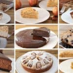 A collage of nine dessert dishes displayed on white plates, including layered cakes, pies, a cheesecake, a chocolate ganache cake, a streusel-topped cake, and a fruit-studded loaf. The desserts are arranged in a 3x3 grid on a wooden surface.