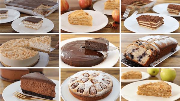 A collage of nine dessert dishes displayed on white plates, including layered cakes, pies, a cheesecake, a chocolate ganache cake, a streusel-topped cake, and a fruit-studded loaf. The desserts are arranged in a 3x3 grid on a wooden surface.