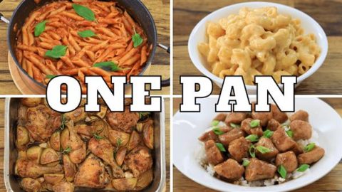 Four dishes are shown, each prepared in one pan, with the words "ONE PAN" overlaid. Top left: penne pasta in tomato sauce with basil. Top right: creamy macaroni and cheese. Bottom left: roasted chicken and potatoes. Bottom right: chicken teriyaki with rice.