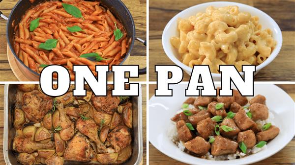 Four dishes are shown, each prepared in one pan, with the words "ONE PAN" overlaid. Top left: penne pasta in tomato sauce with basil. Top right: creamy macaroni and cheese. Bottom left: roasted chicken and potatoes. Bottom right: chicken teriyaki with rice.