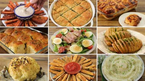 A grid of nine photos shows various dishes, including carrot sticks with dip, spinach pie, lasagna, dinner rolls, salad with eggs and ham, Hasselback potatoes, roasted cauliflower, fried breadsticks with marinara sauce, and mashed potatoes topped with herbs.