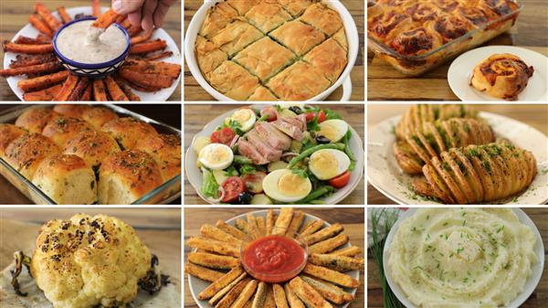 A grid of nine photos shows various dishes, including carrot sticks with dip, spinach pie, lasagna, dinner rolls, salad with eggs and ham, Hasselback potatoes, roasted cauliflower, fried breadsticks with marinara sauce, and mashed potatoes topped with herbs.