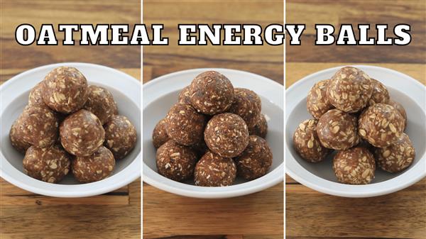 Three bowls filled with oatmeal energy balls are shown side by side on a wooden surface. Above the bowls, the text "OATMEAL ENERGY BALLS" is prominently displayed. Each bowl contains a neatly stacked pile of round, brown, oat-studded energy balls.